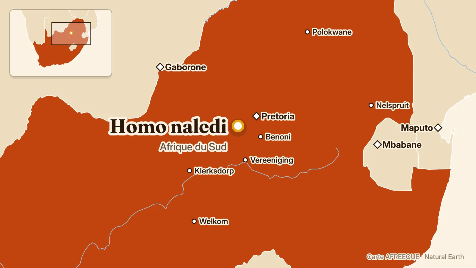 Carte : Homo naledi, Afrique du Sud