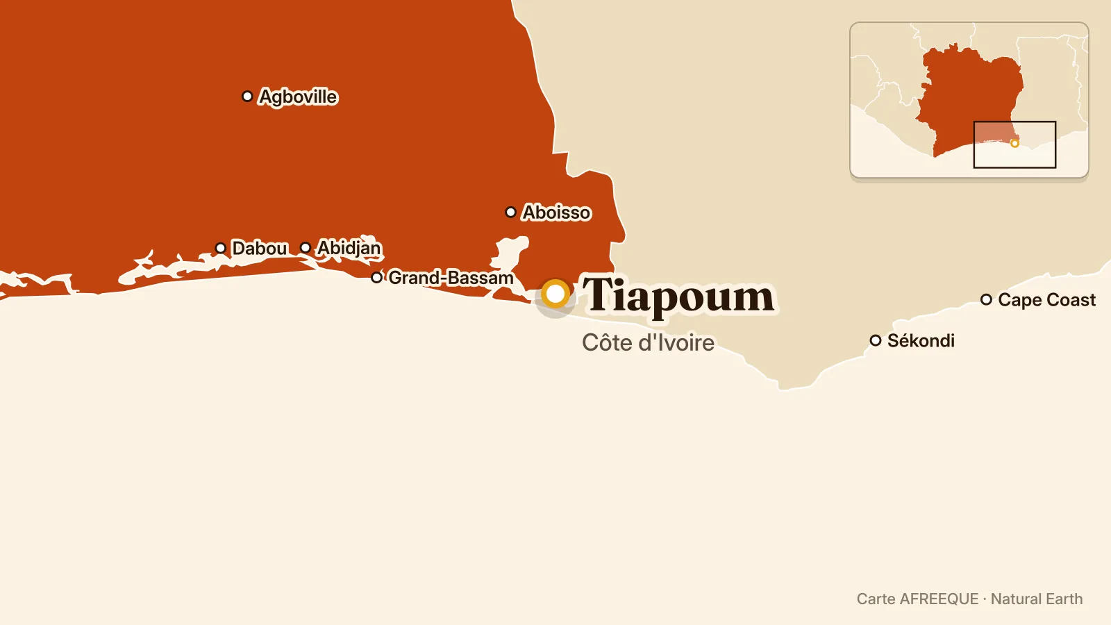 Carte : Tiapoum, Côte d'Ivoire
