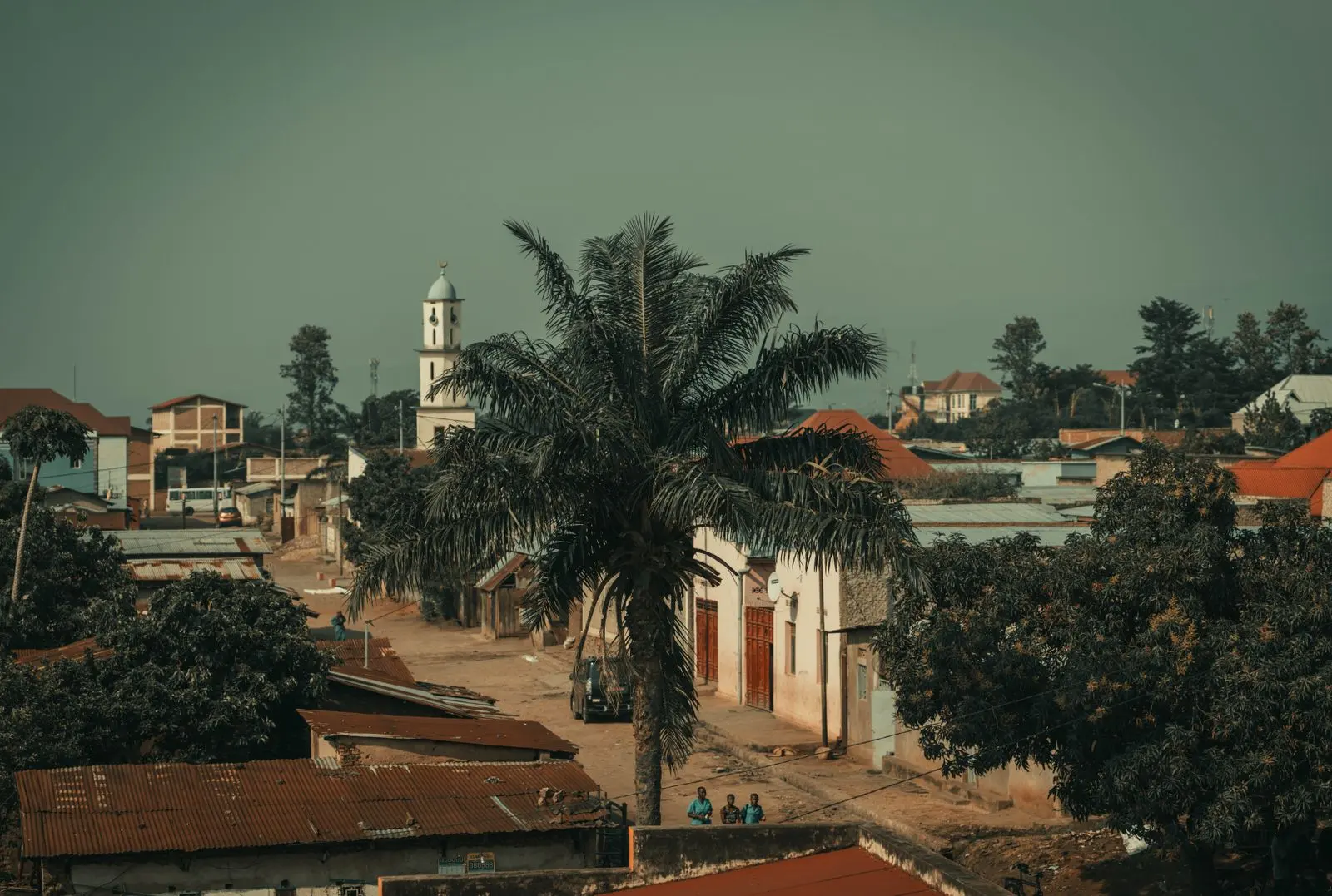 Vue urbaine de Bujumbura avec palmier et clocher — photo d’illustration (banque d’images)